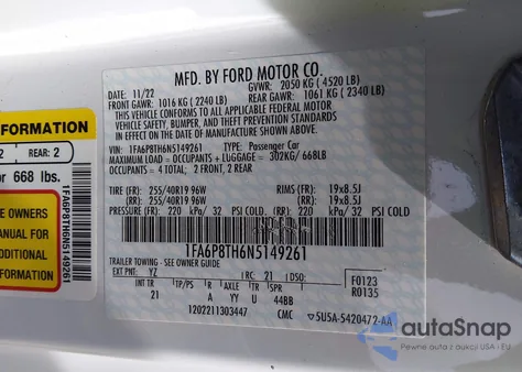 2022 Ford Mustang Ecoboost Fastback из США, поврежденный, VIN 1FA6P8TH6N5149261